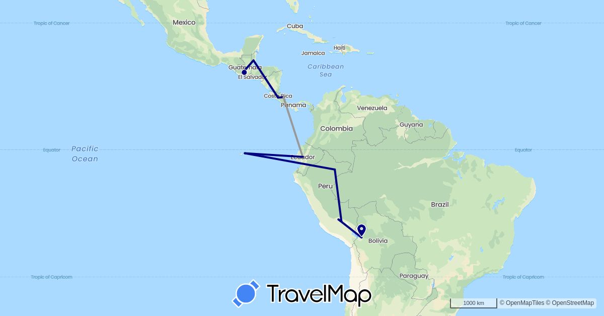 TravelMap itinerary: driving, plane in Bolivia, Belize, Costa Rica, Ecuador, Guatemala, Peru (North America, South America)